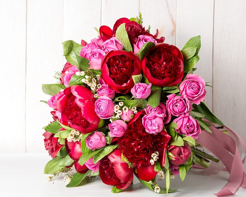 Lovely Bouquet, red, bouquet, flowers, nature, roses, pink, peonies, HD  wallpaper | Peakpx