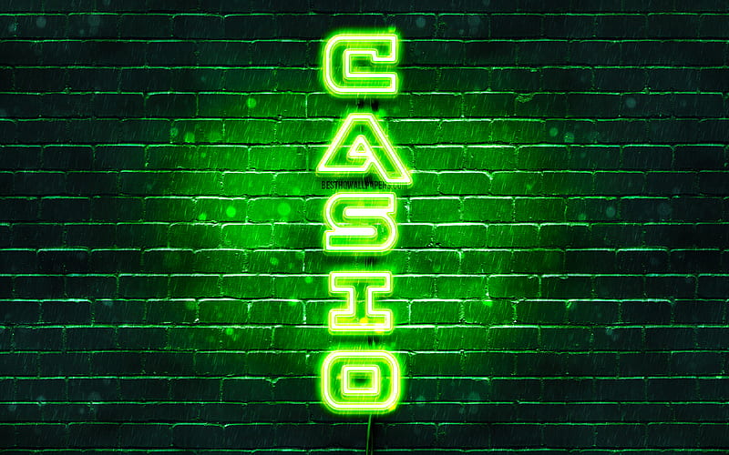 Casio green logo, vertical text, green brickwall, Casio neon logo, creative, Casio logo, artwork, Casio, HD wallpaper