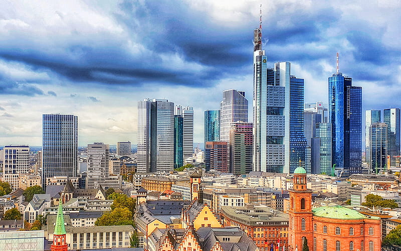Frankfurt, Commerzbank Tower, Maintower, evening, sunset, skyscrapers, modern buildings, Frankfurt skyline, Germany, HD wallpaper