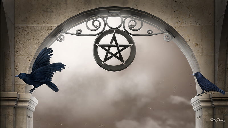 Pentagram Above Door, belief, death, birds, firefox persona, clouds, new age, ravens, goth, alternative, astrology, believes, gothic, star, magicians, HD wallpaper