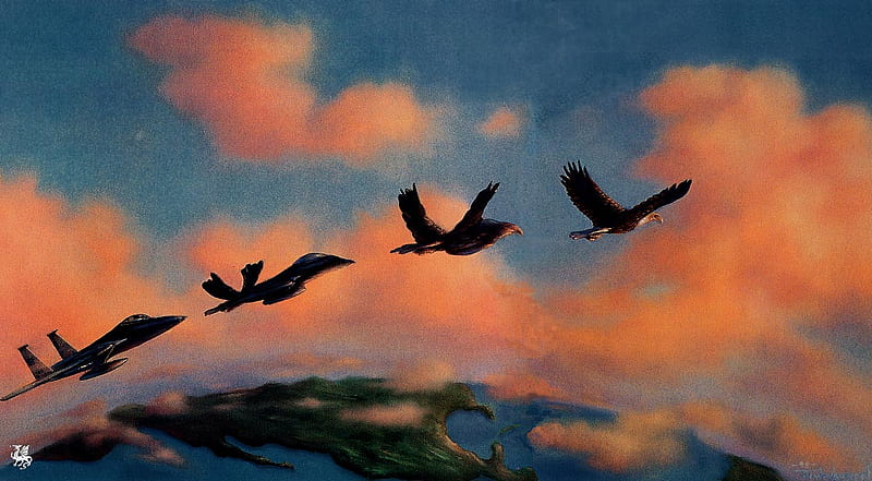 Jim Warren * Mermaids metamorphosis, art, jim warren, fly, bird, painting, sunset, sky, sea, HD wallpaper