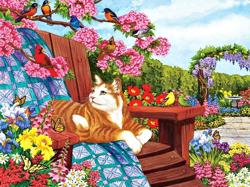 Spring Fling, butterflies, blanket, cat, branch, bird bath, cardinals, arch, bird, blossoms, hedge, flowers, chair, Spring, HD wallpaper
