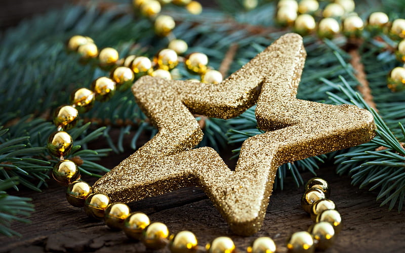 Christmas, gold star, new year, Christmas tree, HD wallpaper