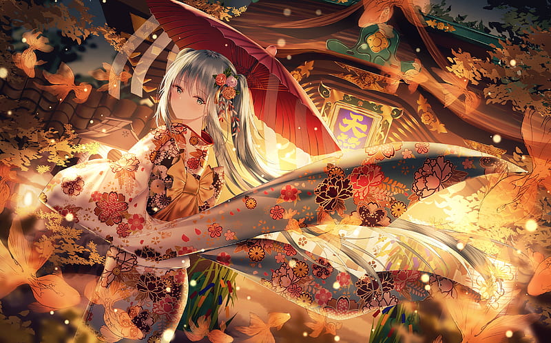 Hatsune Miku, autumn, orange, fish, wind, junpaku karen, peste, toamna, umbrella, kimono, leaf, water, girl, pesti, anime, parasol, rain, HD wallpaper