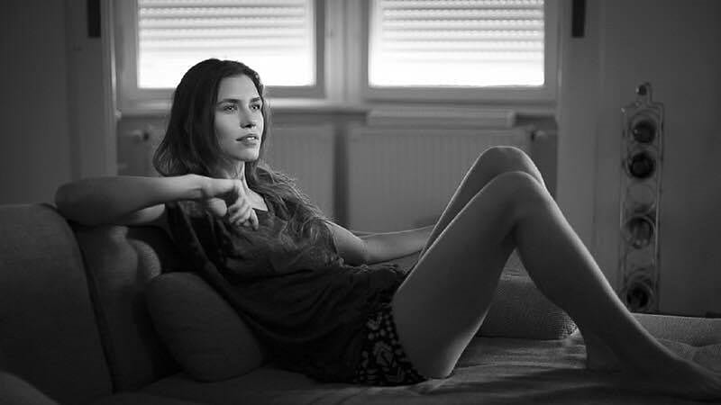 Ana Ularu, brunette, windows, couch, shorts, tank top, cushions, blinds, black and white , radiators, HD wallpaper