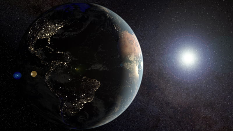 Earth night, hemisphere, Sun, cities from space, North America at night, South America at night, HD wallpaper