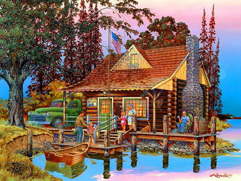 Grand pops cabin, pretty, colorful, house, cottage, cabin, bonito, father, countryside, nice, boat, painting, village, river, fishing, rural, art, rest, vacation, grandchildren, lovely, fun, joy, lake, water, summer, wooden, grandpa, HD wallpaper