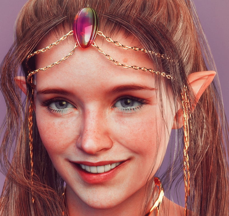 Smiling elf, luminos, kadaj777, girl, jewel, smile, face, pink, frumusete, elf, fantasy, HD wallpaper
