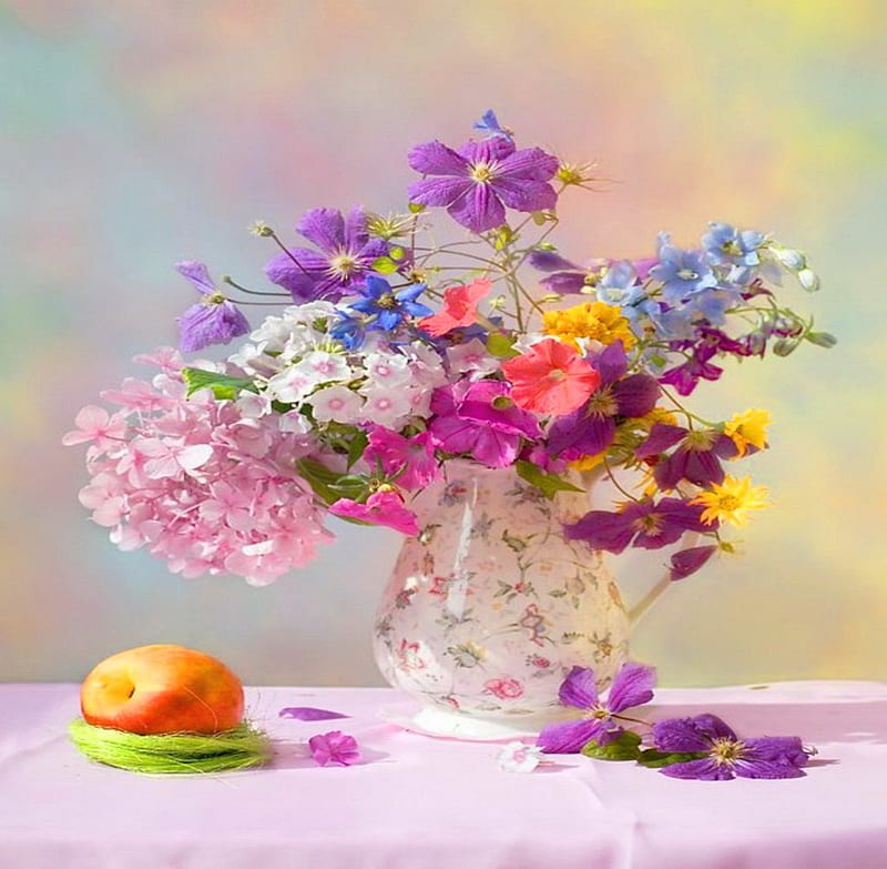 Spring joy, purple, flowers, vase, colors, white, pink, blue, HD ...