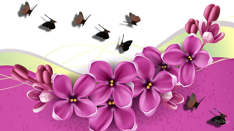 Lilacs and Shadow Butterflies, lilac, flowers, pink butterflies, spring, abstract, bright, papillon, flowers, shadows, HD wallpaper