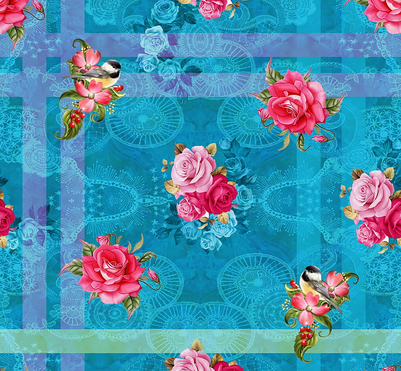 Texture, flower, paper, pink, blue, pattern, rose, blue tit, eon the art studio, bird, pasari, pitigoi, HD wallpaper