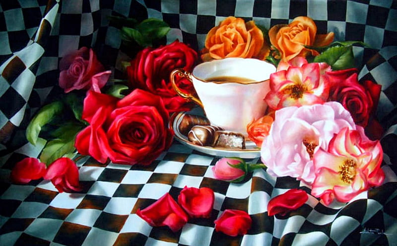 SPRING MORNING!, table, coffee, fresh, drawing, painting, flower, bonito, morning, HD wallpaper