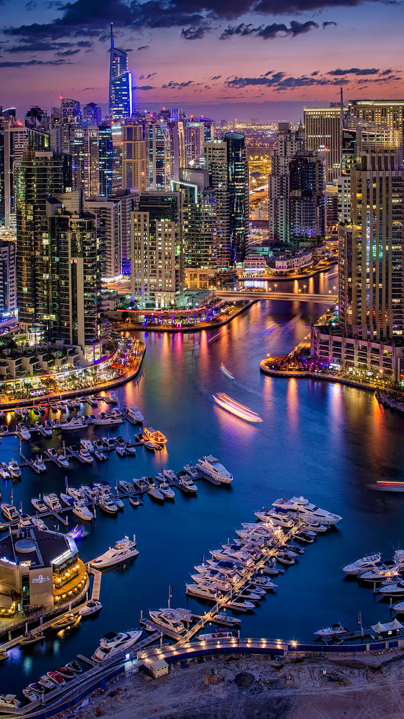 Dubai, boats, buildings, city, harbour, lights, night, HD phone wallpaper |  Peakpx
