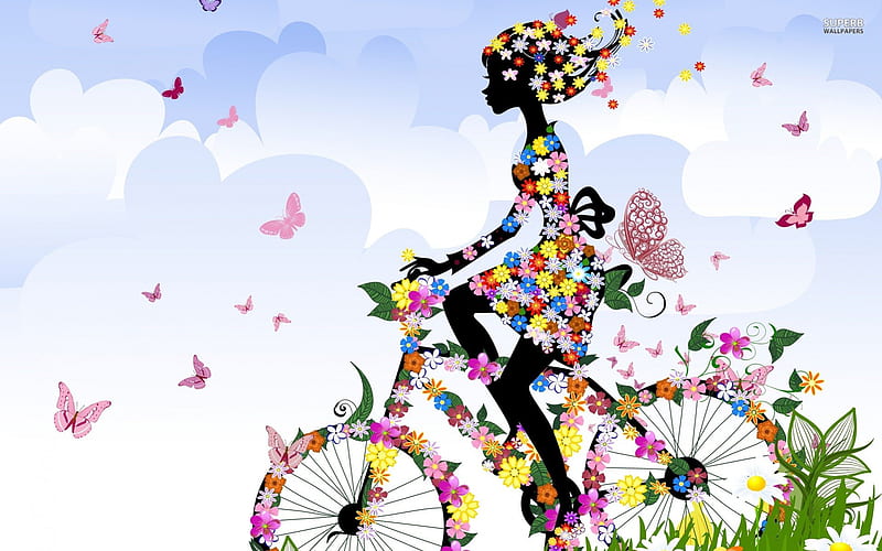 ~Spring Queen~, pretty, art, butterflies, spring, woman, clouds, riding, floral, flowers, bike, HD wallpaper