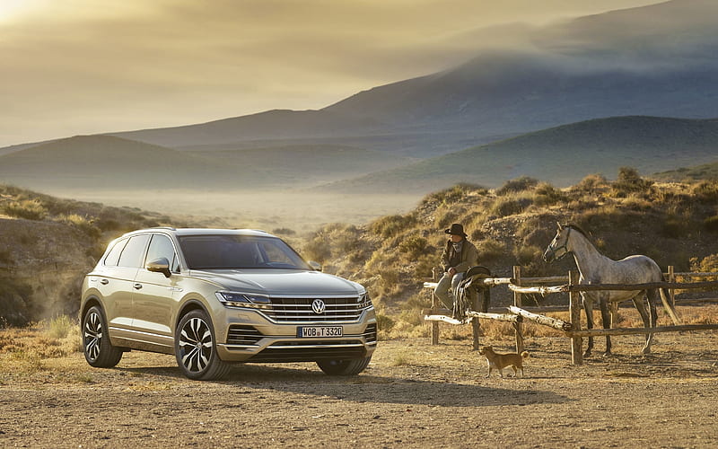 2019, Volkswagen Touareg exterior, new beige Touareg, luxury SUV, canyon, USA, Volkswagen, HD wallpaper