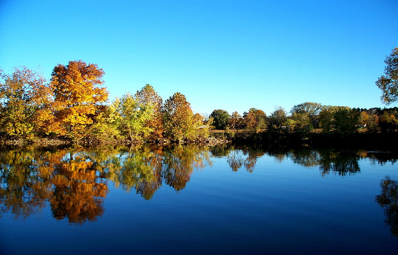 Cumberland River, fall, autumn, water, river, reflections, trees, sky, blue, HD wallpaper