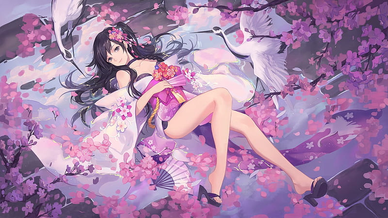 Pretty Girl, japan, girl, japanese, anime, crane, oriental, kimono, sakura, flower, pink, HD wallpaper
