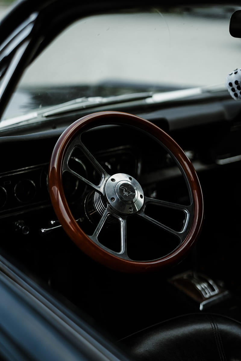 mustang, car, steering wheel, retro, vintage, HD phone wallpaper