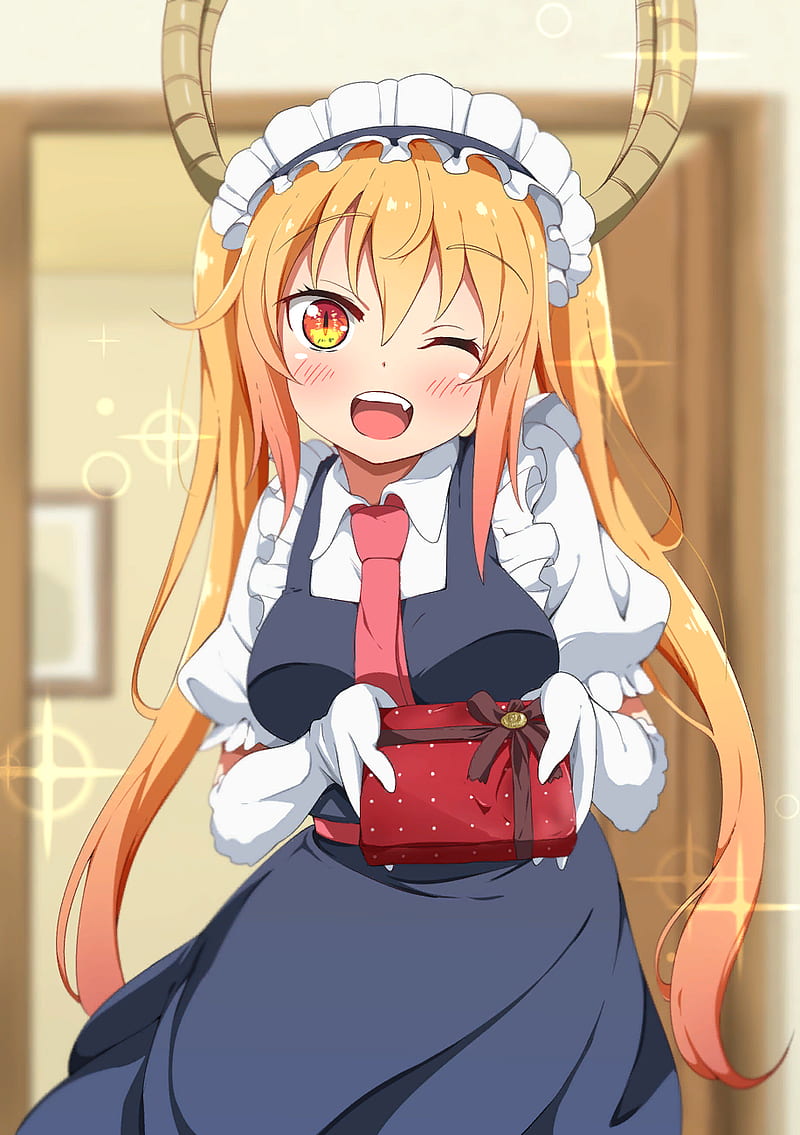 anime, anime girls, Kobayashi-san Chi no Maid Dragon, Tohru (Kobayashi-san Chi no Maid Dragon), dragon girl, horns, long hair, twintails, blonde, blond hair, maid, maid outfit, maiden, red tie, orange eyes, HD phone wallpaper