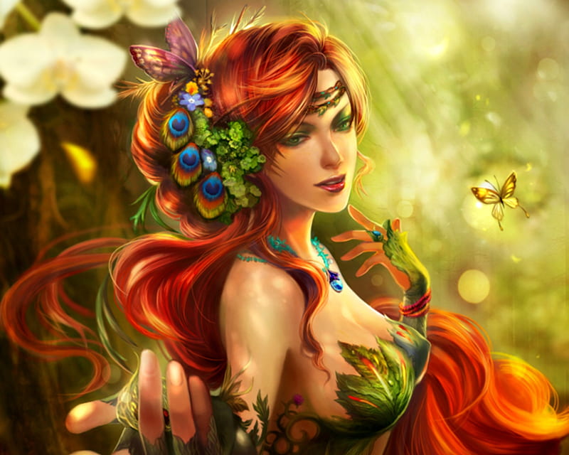 Poison Ivy, luminos, jiuge, redhead, fantasy, butterfly, girl, green, flower, peacock feather, HD wallpaper