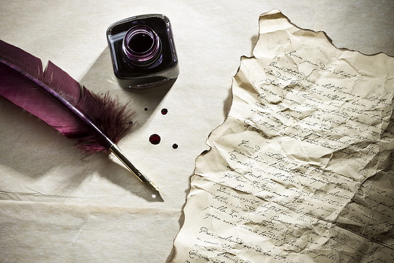 A Letter..., ink, background, bonito, parchment, old, ink pot, graphy, message, nice, feather, letter, lovely, ancient, romantic, black, abstract, write, pen, 3d, purple, writte, paper, white, writing, style, HD wallpaper