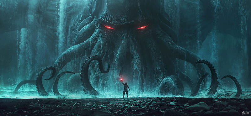 Fantasy, Cthulhu, Man, Sea Monster, H.P. Lovecraft, HD wallpaper