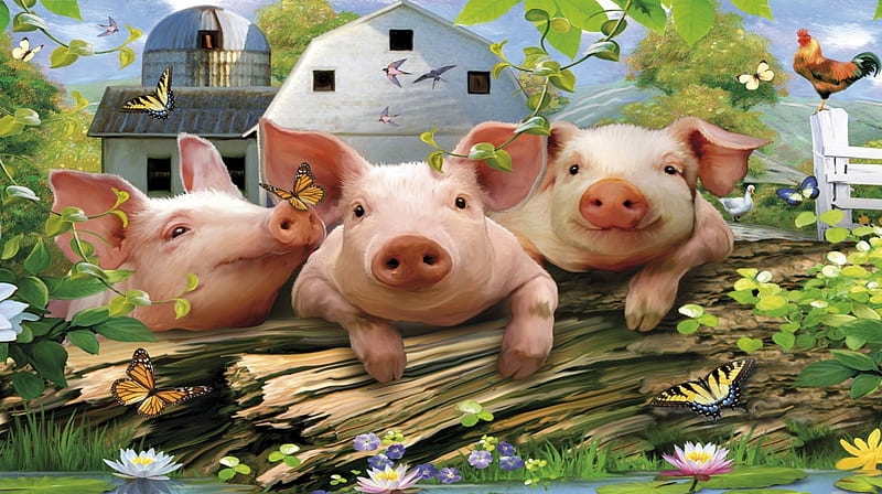 Three Little Pigs With Butterflies, Butterflies, Pond, Pigs, Farm, Painting, Swallows, Art, Rooster, HD wallpaper