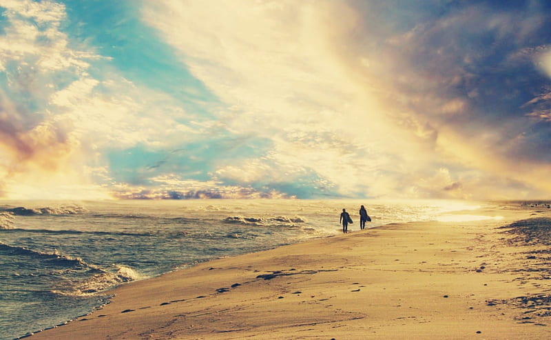distant surfers, beach, sand, sky, ocean, HD wallpaper