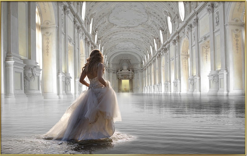 Awaiting the King, water, hall, painting, castle, woman, artwork, HD wallpaper
