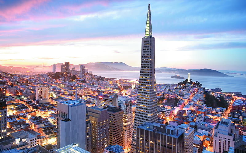 San Francisco, skyline, Transamerica Pyramid, morning, skyscrapers, cityscape, USA, HD wallpaper