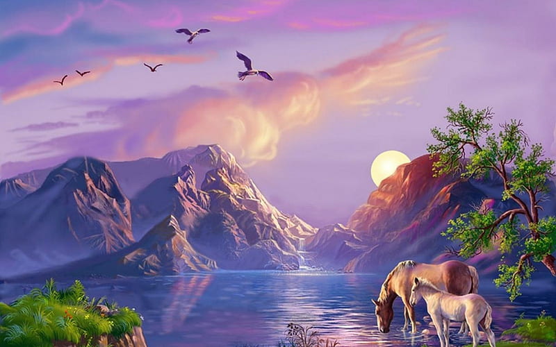 Paradise Of Time, Mountains, Clouds, Paradise, Time, Waterfall, Birds, Sunset, Sky, Horses, Sea, HD wallpaper