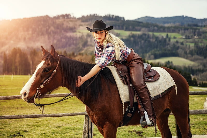 Cowgirl On Her Ranch, hills, fence, cowgirl, grass, chaps, saddle, blonde, trees, horse, hat, HD wallpaper