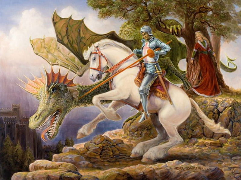 Knight Meets Dragon, tree, wings, painting, horse, woman, artwork, HD wallpaper