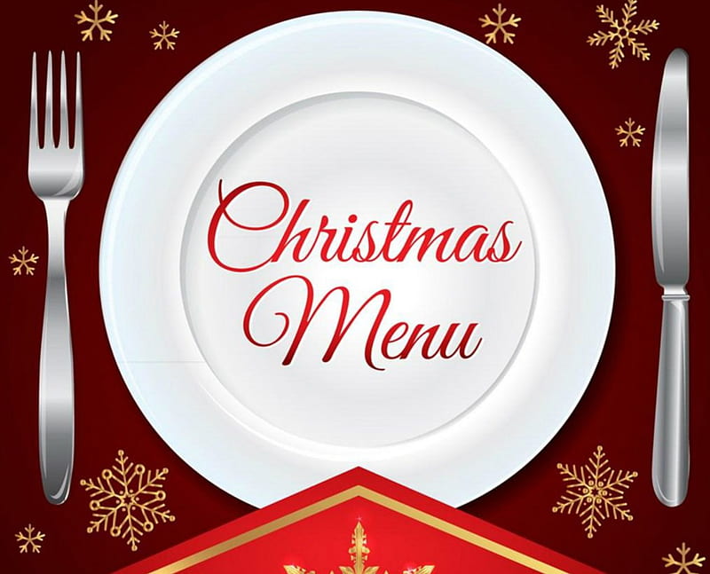 Christmas Menu, plate, Christmas, fork, knife, HD wallpaper