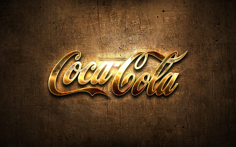 Coca-Cola golden logo, artwork, drinks brands, brown metal background, creative, Coca-Cola logo, brands, Coca-Cola, HD wallpaper
