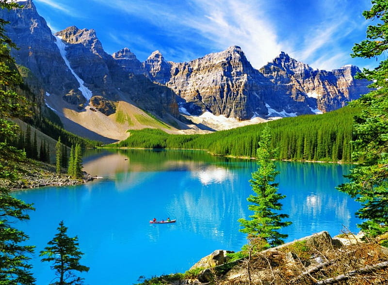 Moraine lake, rocks, shore, canoe, bonito, mountain, cliffs, Canada, peaks, reflection, blue, lovely, view, sky, lake, tree, Moraine, Alberta, landscape, HD wallpaper