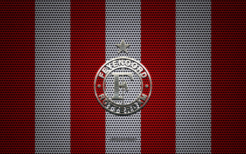 Feyenoord logo, Dutch football club, metal emblem, red and white metal mesh background, Feyenoord, Eredivisie, Rotterdam, Netherlands, football, Feyenoord Rotterdam, HD wallpaper