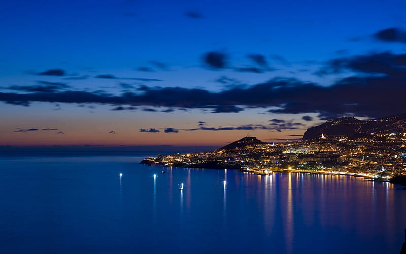 Funchal Bay, city lights, ocean, sunset, sea, city, water, nature, coastline, bay, HD wallpaper