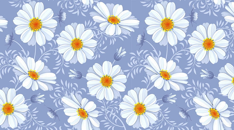 Chamomile Border Blues, daisies, flowers, chamomile, desenho, floral, HD wallpaper