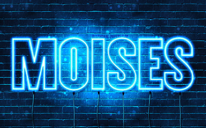 Moises with names, horizontal text, Moises name, blue neon lights, with Moises name, HD wallpaper
