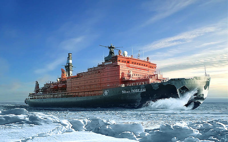 NS 50 Let Pobedy, nuclear-powered icebreaker, Arctic, 50 Years of Victory, sea, HD wallpaper