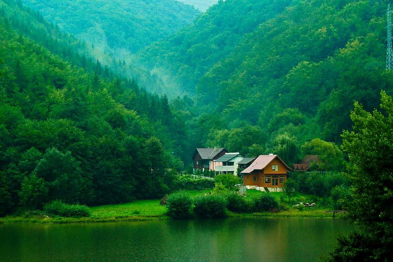 Riverside Houses, forest, green, mountains, houses, nature, river, trees, HD wallpaper