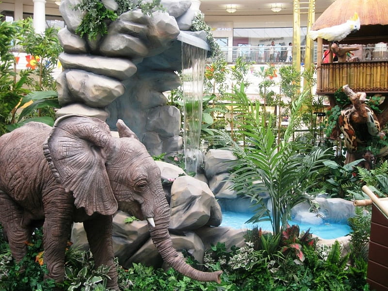 Rock Garden, pond, elephant statue, flowers, waterfall, garden, snake, HD wallpaper