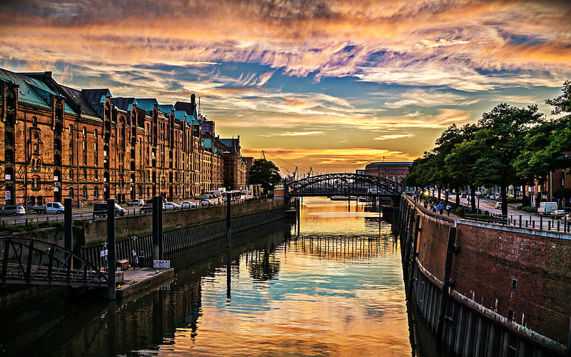 Hamburg, sunset, R, evening city, street, river, Germany, Europe, HD wallpaper