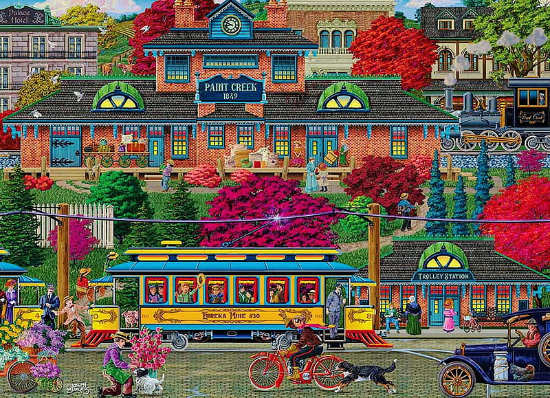 Trolley Station, train, car, people, colors, trees, bicycles, artwork, dogs, painting, HD wallpaper