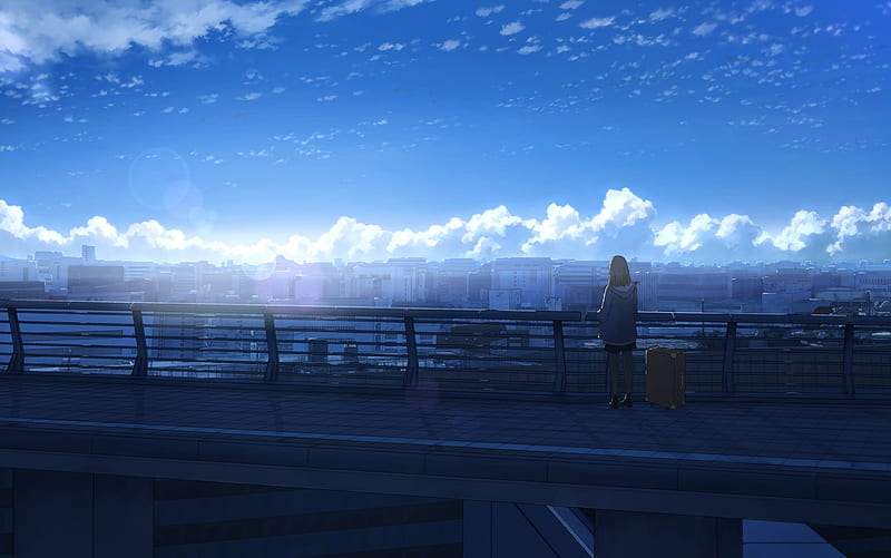 Paisaje urbano de anime, niña, maleta, nubes, anime, Fondo de pantalla HD |  Peakpx