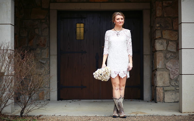 Perfect Dress for Cowboy Boots, dress, window, cowgirl, necklace, boots, door, stones, bouquet, flowers, cross, HD wallpaper