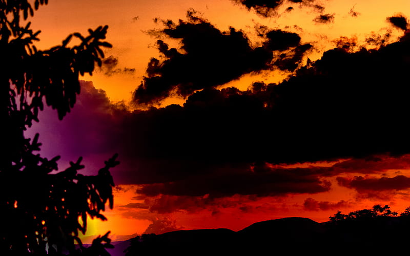 jura sunset, colorful, dusk, black, yellow, sky, clouds, dark, bright, beauty, nature, evening, pink, HD wallpaper