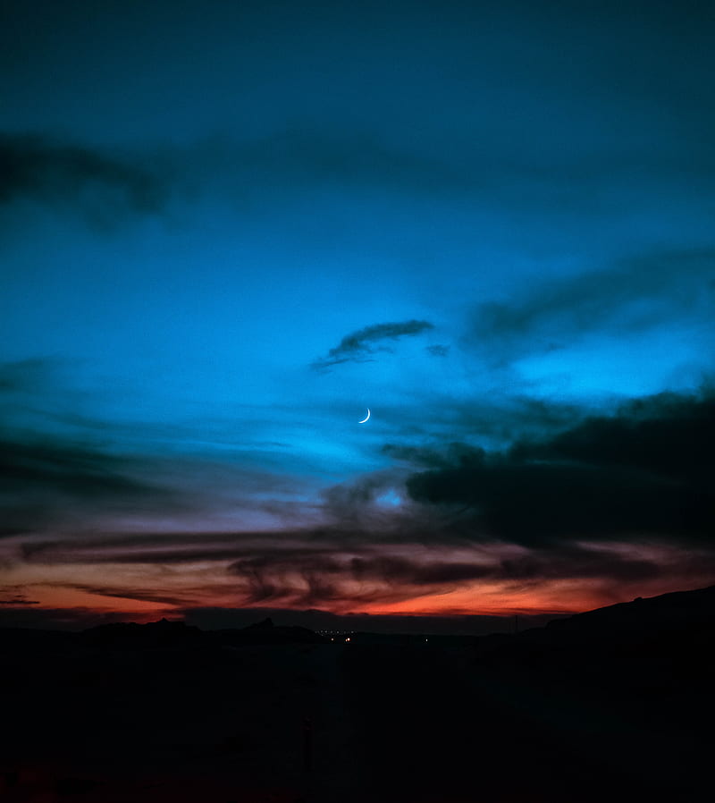 evening, month, sunset, dark, HD phone wallpaper