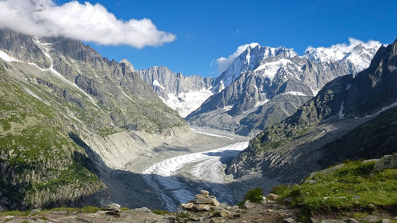 Glacier of the Giants, Chamonix, France, clouds, sky, rocks, ice, landscape, HD wallpaper